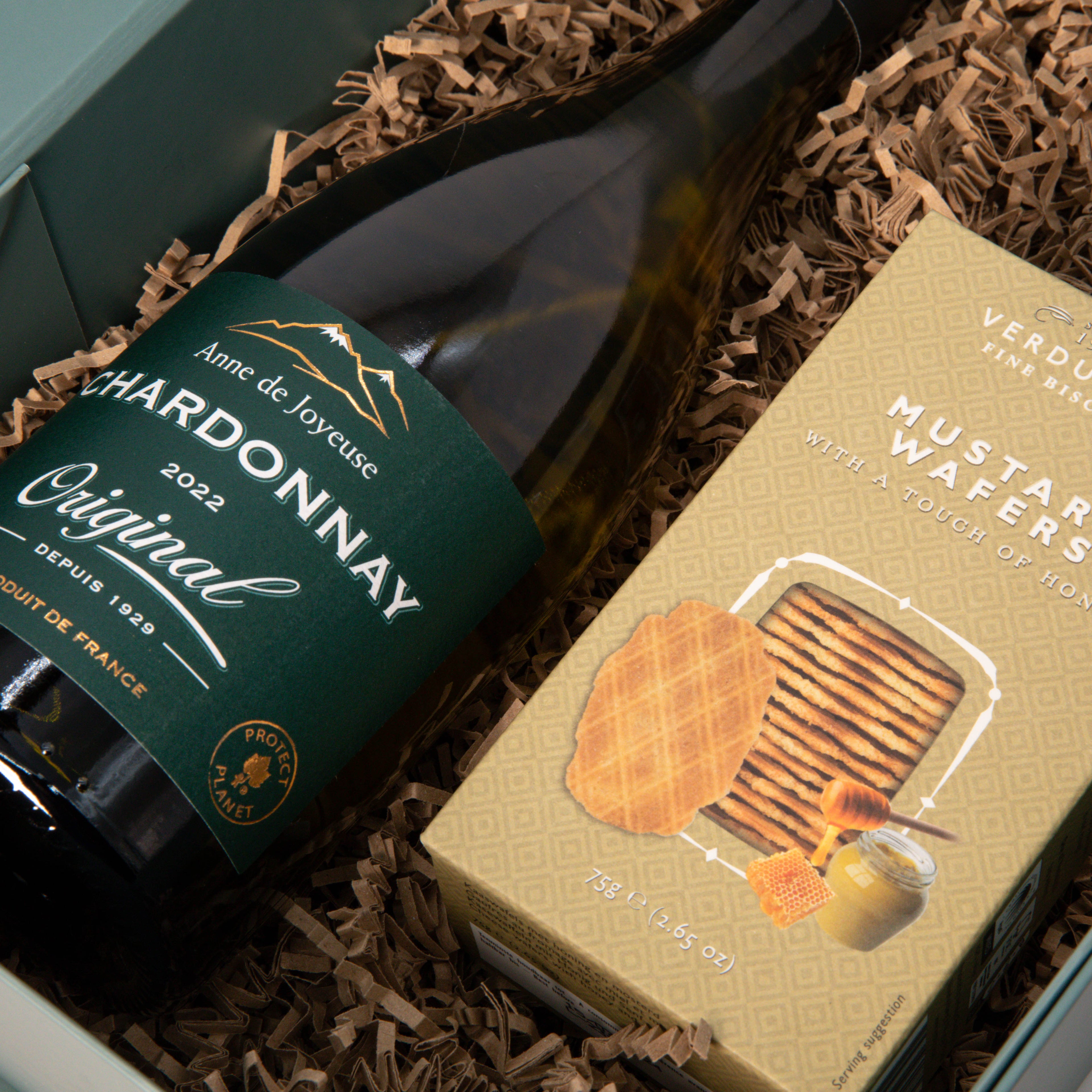 Weinbox Chardonney mit Honig Senf Waffeln